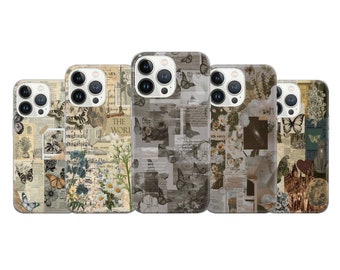 Op de afbeelding: Set van zes iPhone-hoesjes met een collage van vintage-achtige afbeeldingen met vlinders, bloemen en tekst. De hoesjes zijn transparant en laten de kleur van de telefoon door het ontwerp heen schijnen.