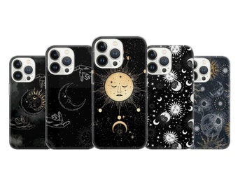 May include: Five black iPhone cases with different celestial designs. Each case features a gold sun and moon with stars and other celestial elements. The designs are all different, but they all have a similar aesthetic.
