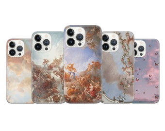May include: A collection of five phone cases featuring classical art designs. The cases display images of clouds, angels, and Renaissance-style paintings in various color palettes, including pink, blue, and brown. Each case has a camera cutout.