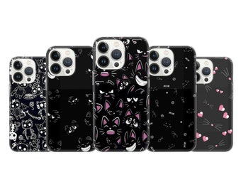 Funda de teléfono con diseño de gato negro, compatible con iPhone 17, 16, 15, 14 Pro Max, XR, 10, 8 Plus, Samsung S25, S24, S23 FE, A16, A54, Note 20, Pixel 8A y 10.