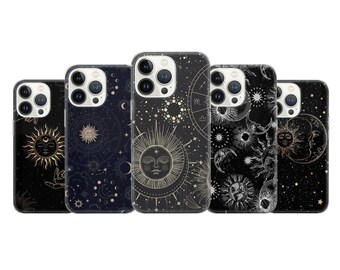May include: Five different phone cases with a celestial design. The cases are black with gold accents and feature a sun, moon, and stars. The cases are all clear and show the phone through the case.