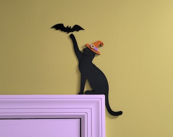 Witch Cat Door Topper: Halloween Black Cat Decor with Bat