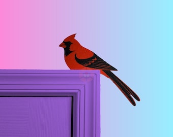 Red Cardinal Door Corner Topper: Bird Shelf Sitter, Gardener Gift