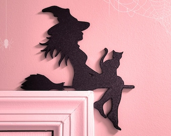 Witch Cat on Broomstick Door Topper: Halloween PLA Decor