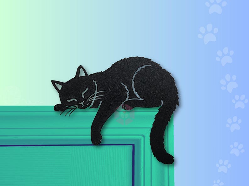 May include: A black cat silhouette, appearing to be sleeping, is perched on a teal surface. The cat's eyes are closed, and its tail hangs down. The background is a gradient of teal and blue with paw print accents.