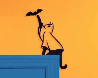 Ghost Cat Door Corner Topper: Halloween Black Cat Decor