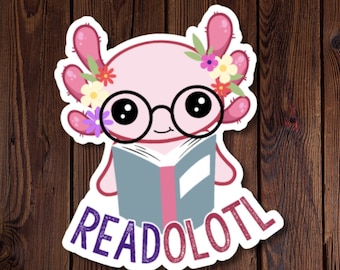 Printolotl Aufkleber - Pinker Axolotl mit Brille, Lektüre