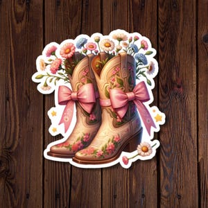 Sticker mignon bottes de cowboy avec fleurs sauvages et noeuds roses pour coquettes - Charme country et western rustique