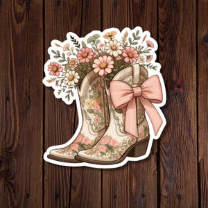 Autocollant en vinyle pastel pour bottes de cow-boy avec fleurs sauvages et nœud de coquette rose - Jolies breloques country et western