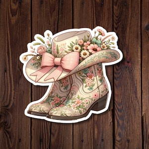 Autocollant en vinyle pour bottes et chapeau de cowboy pastel avec fleurs sauvages et noeud de coquette rose - Charmant country et western mignon