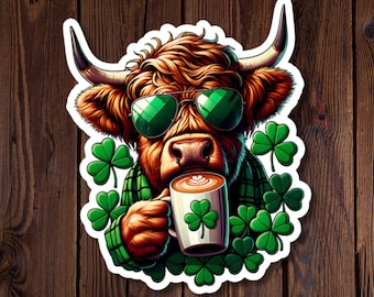 Highland Cow with Green Sunglasses & Coffee Shamrocks Vinyl Die Cut Sticker