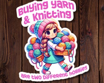 Stricken Sticker für Stricker, Handwerker und Bastler. Wollkauf und Stricken sind zwei verschiedene Hobbys, Mädchen mit Garnkörbchen, Pink