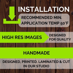 Puede incluir: Gr&aacute;fico verde y blanco con el texto "INSTALACI&Oacute;N" y "TEMP. DE APLICACI&Oacute;N M&Iacute;N. RECOMENDADA 50&deg;F". El gr&aacute;fico tambi&eacute;n incluye el texto "IM&Aacute;GENES DE ALTA RESOLUCI&Oacute;N", "DISE&Ntilde;ADO PARA LA CALIDAD", "HECHO A MANO" y "DISE&Ntilde;ADO, IMPRESO, LAMINADO Y CORTE EN NUESTRO ESTUDIO".