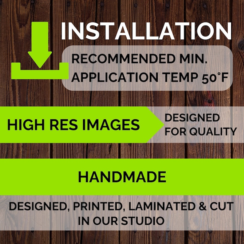 Puede incluir: Gr&aacute;fico verde y blanco con el texto "INSTALACI&Oacute;N" y "TEMP. DE APLICACI&Oacute;N M&Iacute;N. RECOMENDADA 50&deg;F". El gr&aacute;fico tambi&eacute;n incluye el texto "IM&Aacute;GENES DE ALTA RESOLUCI&Oacute;N", "DISE&Ntilde;ADO PARA LA CALIDAD", "HECHO A MANO" y "DISE&Ntilde;ADO, IMPRESO, LAMINADO Y CORTE EN NUESTRO ESTUDIO".