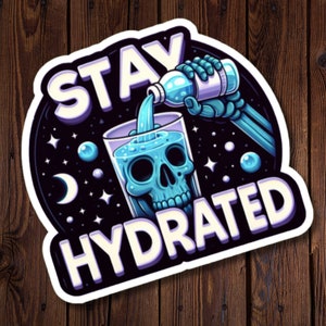 Sticker bouteille d'eau, rappel de rester hydraté avec tête de mort, rappel de boire de l'eau