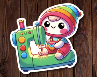 Cute Sewer/Quilter With Rainbow Hat vinyl water resistant sticker, cute cartoon quilter, quilting gift