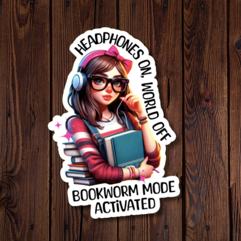 Bookworm sticker of girl with headphones