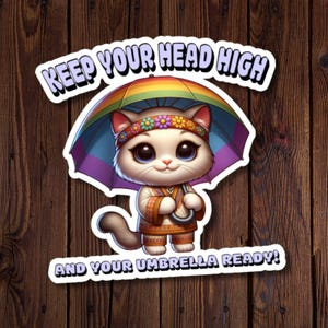 Sticker chat minou rétro - design parapluie motivant, gardez la tête haute, sticker résistant à l'eau