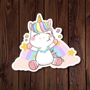Adesivo de unicórnio pastel de desenho animado, design de arco-íris e nuvens fofo, caprichoso e sonhador, vinil resistente à água