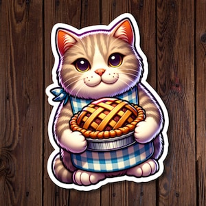 Adesivo de gato fofo segurando torta - vinil resistente à água cortado para laptops e muito mais
