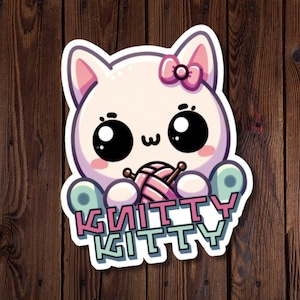 Sticker für Strickerin die Katzen, Knitty Kitty, Kawaii style Kätzchen mit Wollknäuel und Stricknadeln liebt