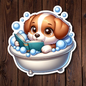 Süßer Hund liest ein Buch im Schaumbad Aufkleber - Perfektes Geschenk für Hundeliebhaber, Bücherwürmer & Schaumbad-Enthusiasten