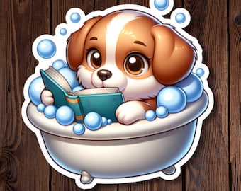 Cute Dog Reading a Book in Bubble Bath Sticker – Perfect Gift for Dog Lovers, Bookworms, & Bubble Bath Enthusiasts