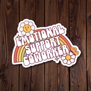 Retro emotionele steun collega sticker, regenboog en bloemen, retro vibe lettertype en afbeeldingen, rjdesignsstickers