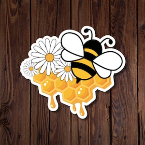 Sticker abeille, nid d'abeille et marguerite, cadeau pour les amateurs d'abeilles, miel, marguerites et ambiance printanière, résistant à l'eau