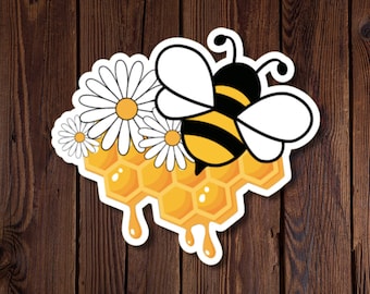 Sticker abeille, nid d'abeille et marguerite, cadeau pour les amateurs d'abeilles, miel, marguerites et ambiance printanière, résistant à l'eau