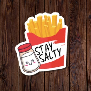 Bleib salzig French Fry Wasserfester Vinyl-Aufkleber, rote Pommes-Box und lächelnder Salzstreuer, erhältlich in Multipacks