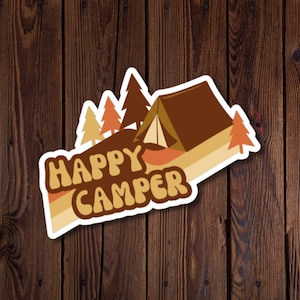Vintage-geïnspireerde Happy Camper retro sticker, waterbestendig vinyl met retro lettertype en nostalgisch ontwerp