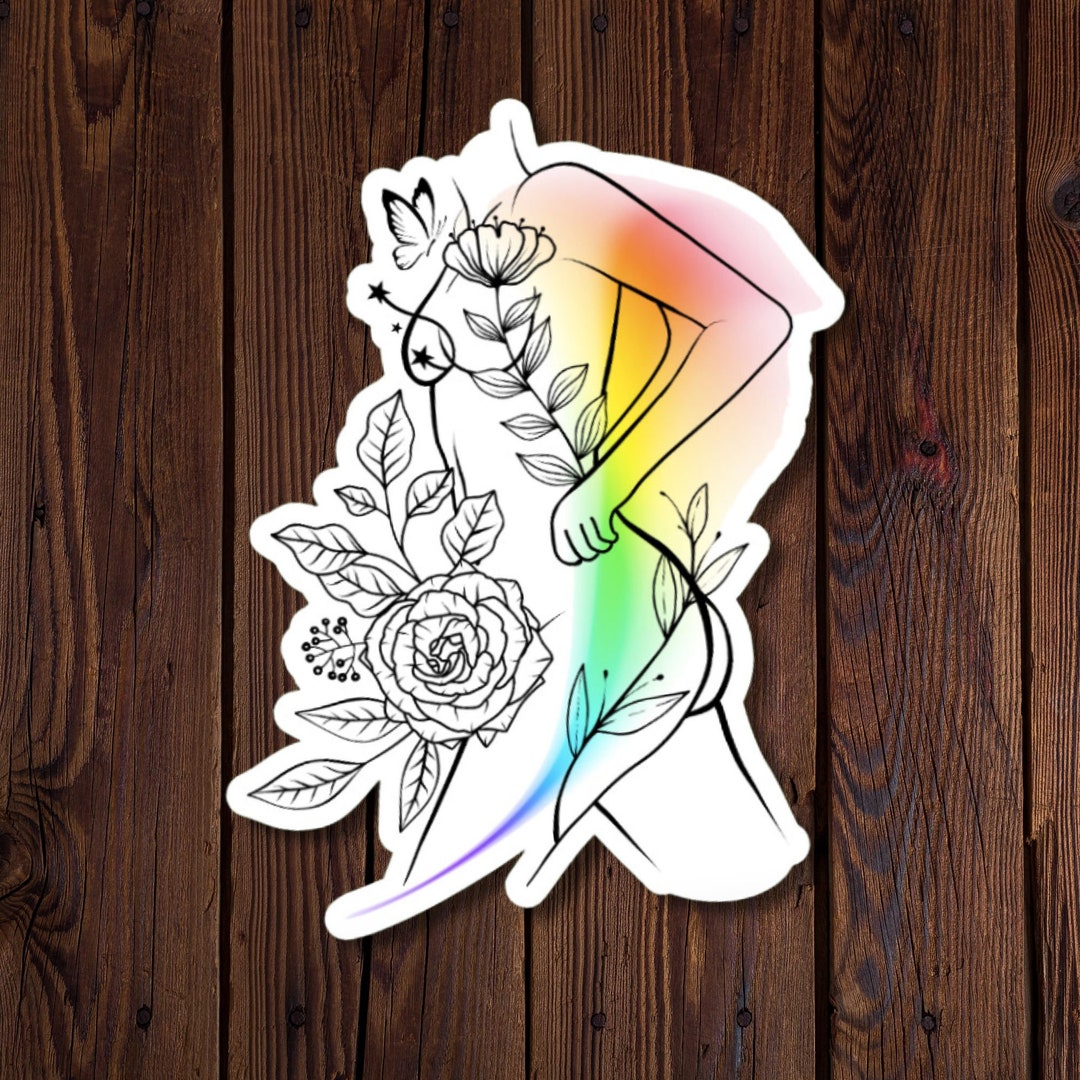 Line Sticker Female Female Empowerment Sticker, Flowers and Rainbow Lady Sticker, Line ...