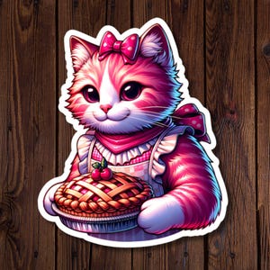 Adesivo de gato fofo segurando torta - laços de coquete rosa, vinil resistente à água recortado