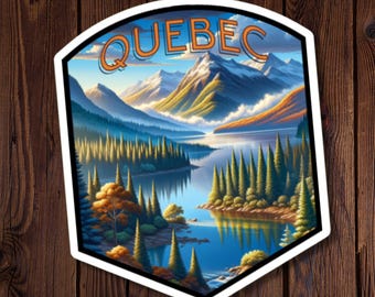 May include: A sticker featuring a scenic landscape with mountains, a lake, and trees. The text "QUEBEC" is in a retro orange font at the top of the sticker.