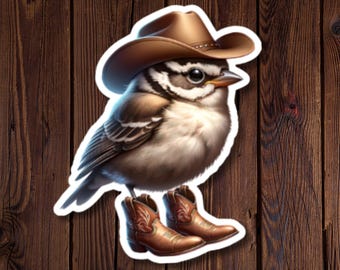 Western Bird In Cowboy Boots Funny Gift – Water Resistant Vinyl for Laptop, Bottle, Notebook, Die Cut Sticker