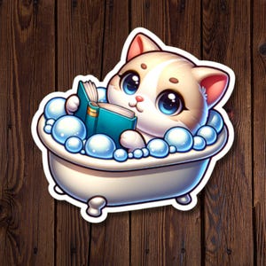 Sticker pour bain moussant Joli chat lisant un livre - Cadeau parfait pour les amoureux des chats, les rats de bibliothèque et les fans de bains moussants