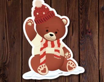 Winter Teddy Bear, Teddy Bear Sticker, Water Resistant Die Cut Sticker of a teddy bear dressed for winter, Hat, Scarf, rjdesignsstickers