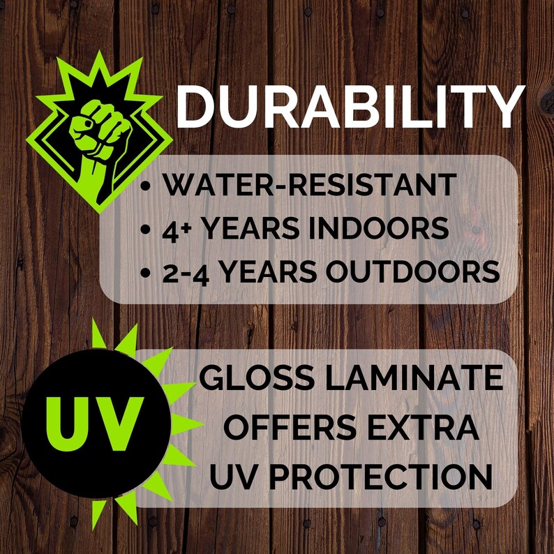 May include: Green and black graphic with the word "DURABILITY" and a fist breaking through a wall. The graphic lists water-resistant, 4+ years indoors, and 2-4 years outdoors. A green and black graphic with the word "UV" and a sun with rays. The graphic lists gloss laminate offers extra UV protection.