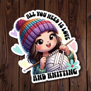 Geschenk für Strickerin, All you need is love and knitting Vinyl Aufkleber, Retro Schrift und Herzen, zeigen Sie Ihre Liebe zum Stricken