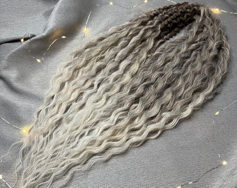 Set of curly Dreadlocks 55 cm (21,65 inch)  Natural look Syntetic curly Hair extensions double ended dreads color ombre gray