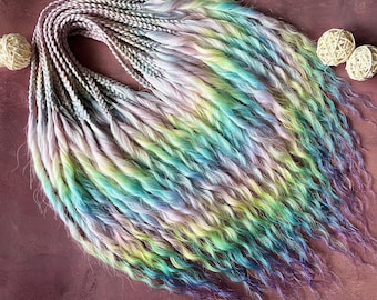 Rainbow Ombre Wavy Hair Extensions — Braided Roots, Synthetic Festival Curly Dreads Double ended