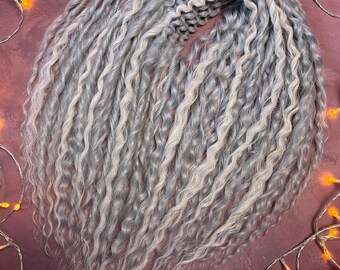 Set of curly Dreadlocks 55 cm (21,65 inch)  Syntetic curly Hair extensions double ended  mix color gray and white