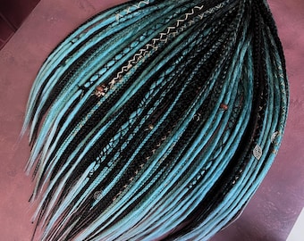 Set of crochet dreads and braids Synthetic double or single ended for accent  Custom dreadlocks DE  Color Black green and light blue