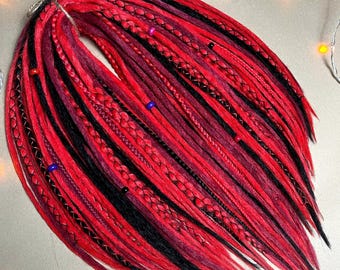 Set of synthetic dreads and braids like natural double or single ended With accent accessories Color red claret and black