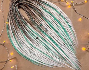 Set of synthetic crochet dreads and braids natural double single ended With accent accessories Color ombre dark blonde white milk turquoise