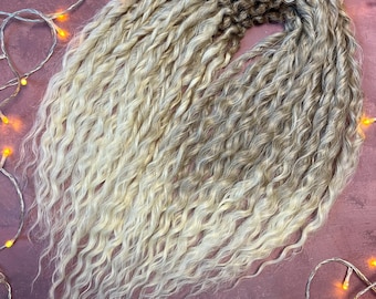 Set of curly Dreadlocks 55 cm (21,65 inch)  Natural look Syntetic curly Hair extensions double ended dreads Color ash brown to blonde ombre