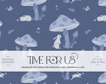 Hand drawn Playful Rabbit and Mushrooms Seamless Pattern for Personal or Commercial Use, seamless repeat pattern