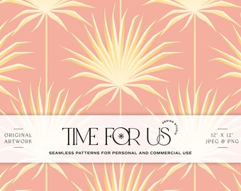 Hand drawn Pink Tropical Palm Leaf Seamless Pattern for Personal or Commercial Use, seamless repeat pattern, Art Deco