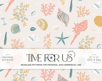 Hand drawn Scattered Beach Shells Seamless Pattern for Personal or Commercial Use, seamless repeat pattern, Beach Shells